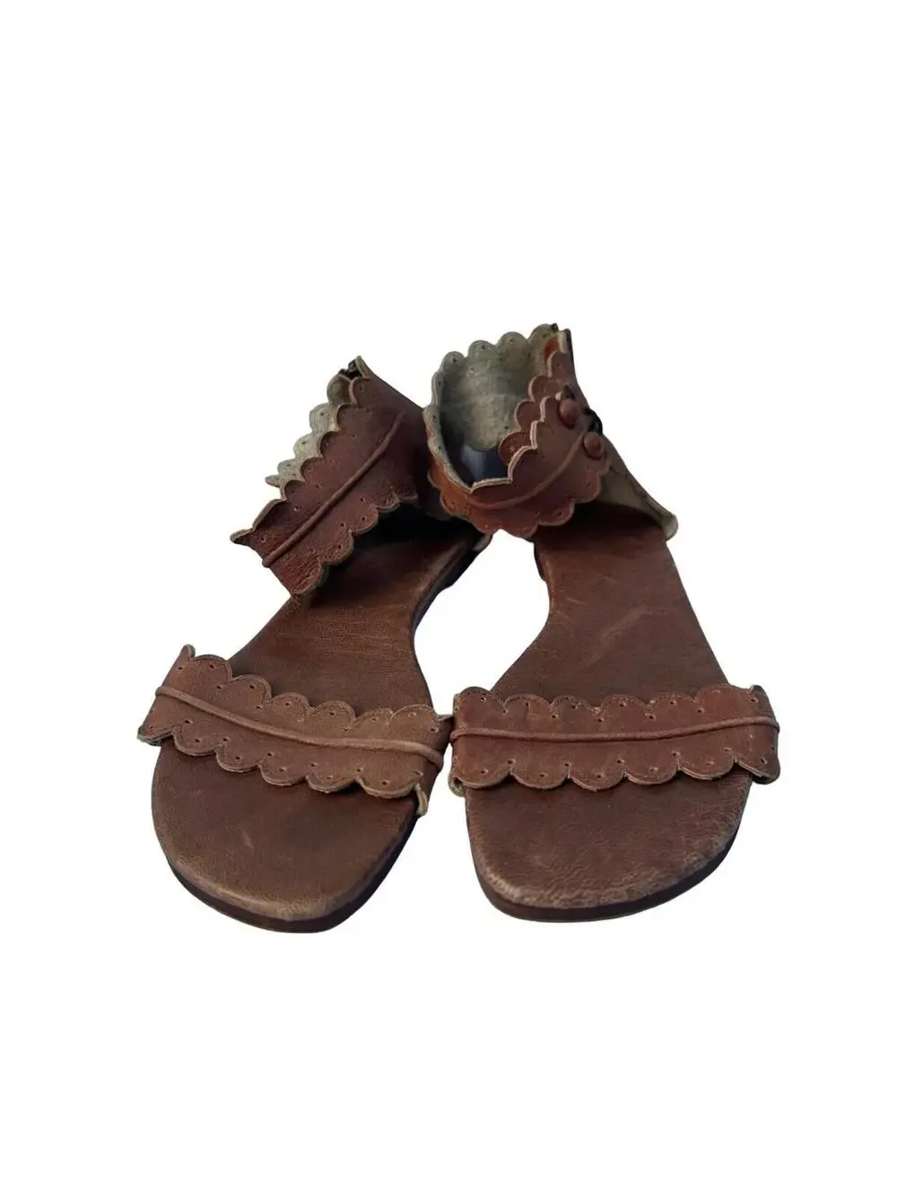 ELF Brown Leather Scalloped Ankle Strap Sandals Women’s Size 8 Boho